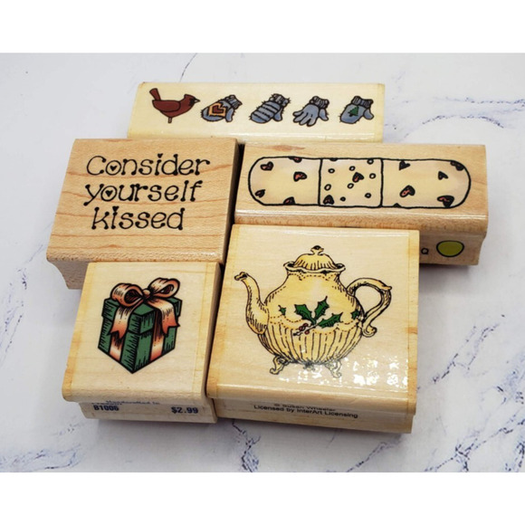 Lot of 5 Wood Mounted Rubber Stamps Home Tea Country - Picture 1 of 16